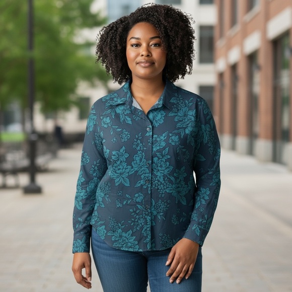 COLDWATER CREEK 2XL Floral Teal Women's Top Button Down Blouse - Picture 1 of 9